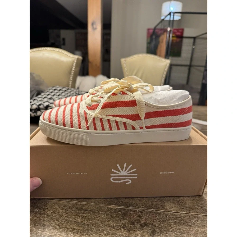 New Soludos Marin Woven Lace Up Sneakers Poppy Striped Boho Comfort Size 9